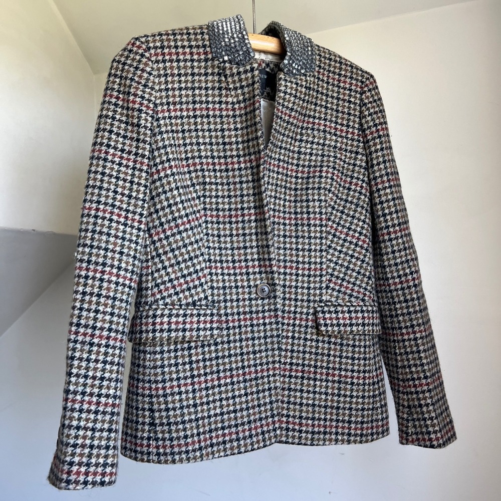 J.Crew Regent Blazer Size 6 Houndstooth Rhinestone Gem Collar Wool Jacket Preppy - Picture 10 of 10